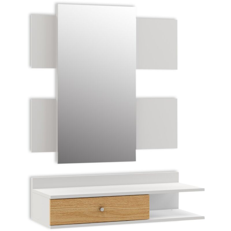 

Recibidor con espejo, mueble de entrada o pasillo, mueble recibidor con cajon y estante para almacenaje, recibidor colgante, estilo nordico y