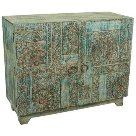 Recibidor de madera tallada azul 99x40x80 cm