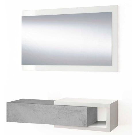 Recibidor Moon con 1 cajón y Espejo Color Cemento/Blanco, Mueble Entrada, 95 cm x 26 cm x 19 cm