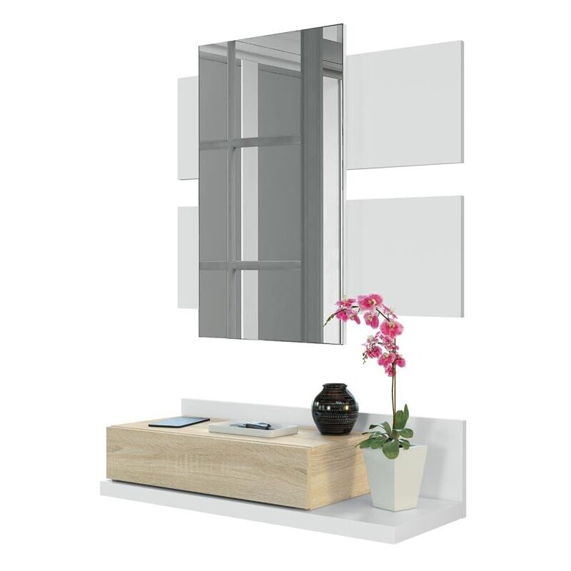 

Mueble recibidor con cajón y espejo incluido moderno color blanco y roble 75x29 Cm