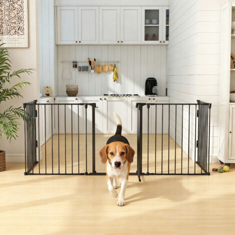 Recinto Cancelletto per Cani Regolabile e Pieghevole con Chiusura Automatica e Sistema di Blocco, Cancello per Cani in Metallo e Plastica, 300x74.5 cm, Nero