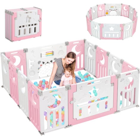 KEEPBUYING Recinto per bambini in plastica con 14 pannelli - Recinzione protettiva pieghevole per bambini - 150x150x62 cm - Rosa e bianco
