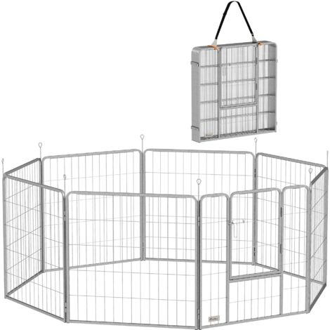 Recinto per Cani a 8 Pannelli Modulabili Pieghevole 80x1,5x80A cm con Porta di Ingresso in Acciaio Argento