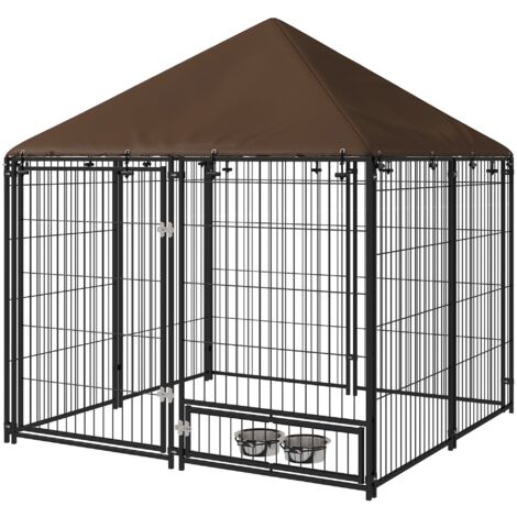 Recinto per Cani con Porticina per Ciotole 141x141x151 cm in Metallo e Tessuto Oxford Nero e Marrone