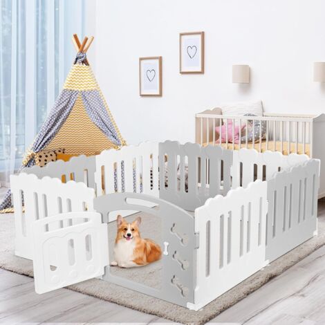 Recinto per cani in plastica, altezza 60 cm, 7+1 pannelli, recinto per gatti e conigli, pieghevole, (grigio-bianco)