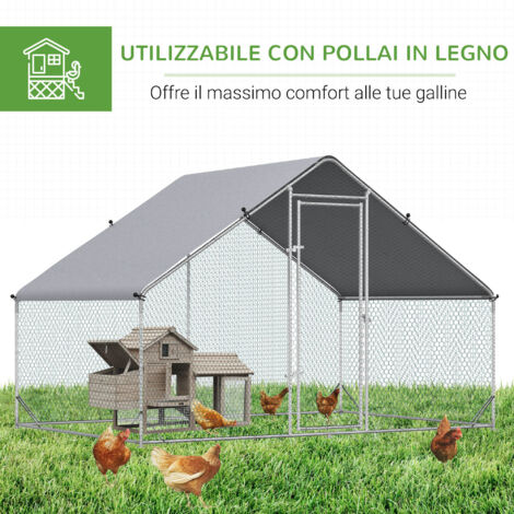 Recinto per polli in acciaio zincato, pollaio con accesso pedonale, gabbia per pollame, conigliera, recinto per animali domestici, giardino con copertura resistente all'acqua, 3 x 2 x 2 m
