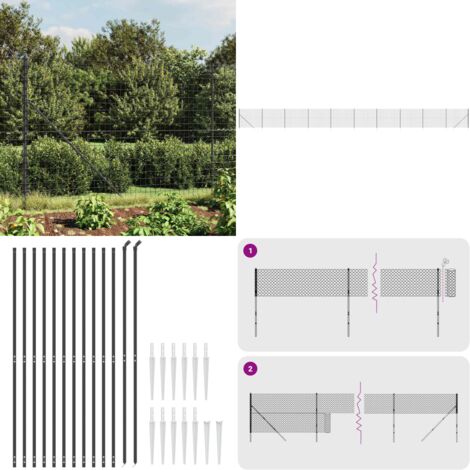 Recinzione Metallica con Picchetti Ancoraggio Antracite 1,6x25m - Recinzione da giardino - Recinzione con picchetti
