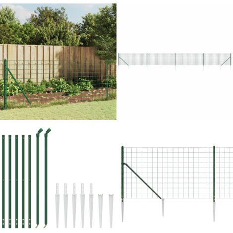 Recinzione Metallica con Picchetti Ancoraggio Verde 1,1x10 m - Recinzione da giardino - Recinzione con pali