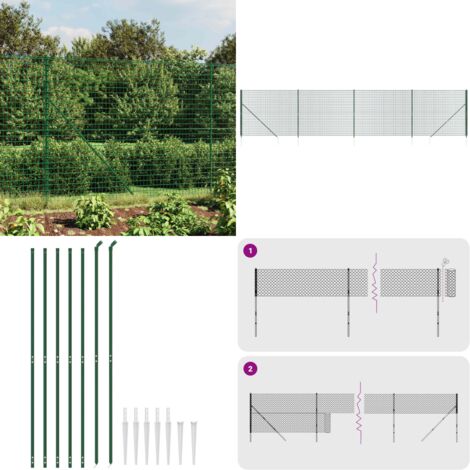 Recinzione Metallica con Picchetti Ancoraggio Verde 2x10 m - Recinzione da giardino - Recinzione con pali