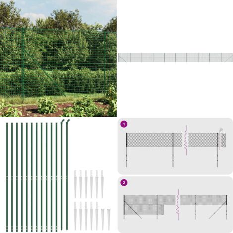 Recinzione Metallica con Picchetti Ancoraggio Verde 2x25 m - Recinzione da giardino - Recinzione per animali