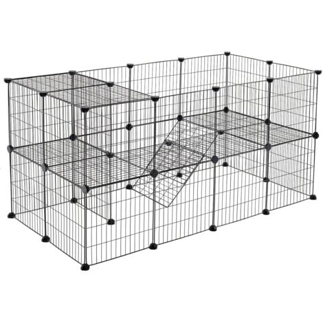 Recinzione per Animali a 2 Piani Recinto Personalizzabile per Animali di Piccola Taglia, Cuccioli e Criceti, Include un Martelletto di Gomma, per Uso Interno 143 x 73 x 71 cm nero