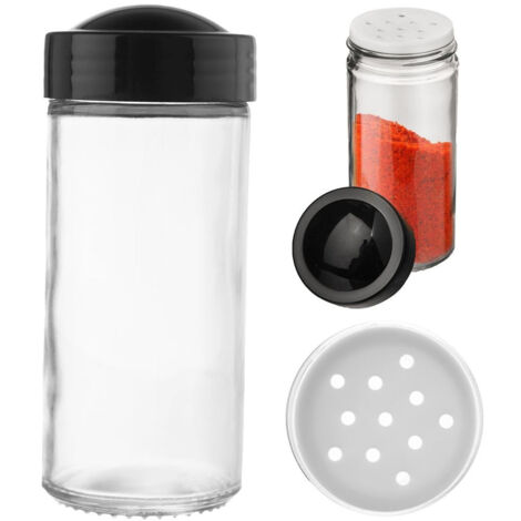 Recipiente de cristal para especias con tapón de plástico negro.