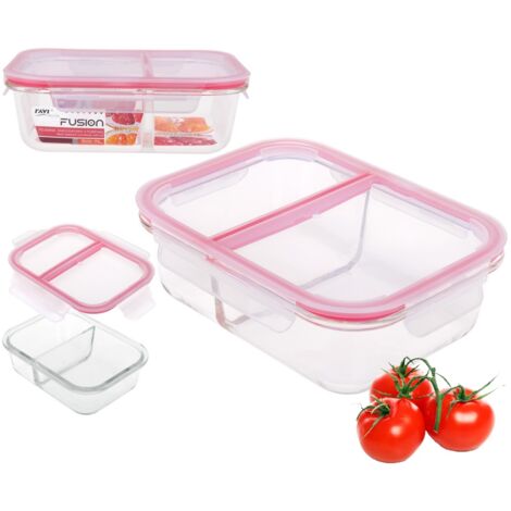 Recipiente de vidrio para fiambrera, resistente al calor, rectangular, de dos piezas, con dos compartimentos y tapa, FUSION artículo 81457, hermético, 1500 ml, para alimentos, hermético, cierre de cli