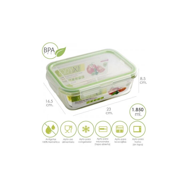 

Recipiente hermetico cristal rectangular 1850 ml. 23 x 16.5 x 8.5 (alt) cm.