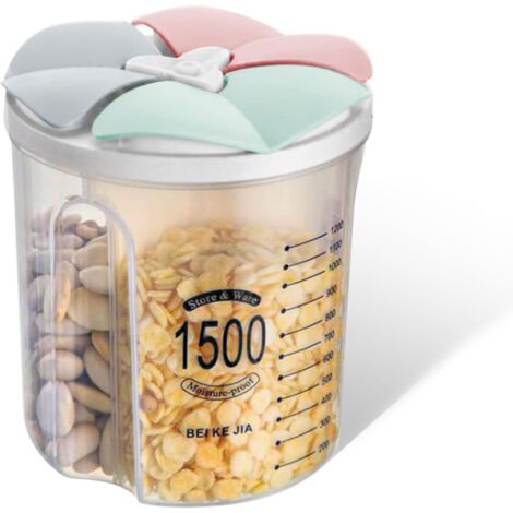 Recipiente hermético de 2,5 litros, 3 compartimentos, capacidad de 1500 ml, apto para almacenar legumbres, frutos secos, harina, etc., disponible en varios colores.