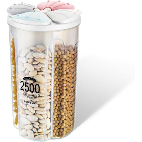 Recipiente hermético de 2,5 litros, 4 compartimentos, capacidad de 2500 ml, apto para almacenar legumbres, frutos secos, harina, etc., disponible en varios colores.