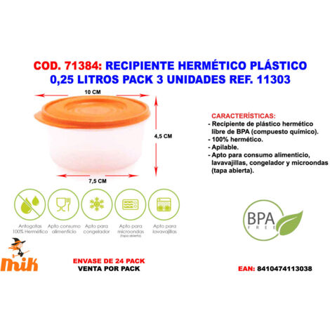 Recipiente hermético plástico 0,25 litros pack 3 unidades