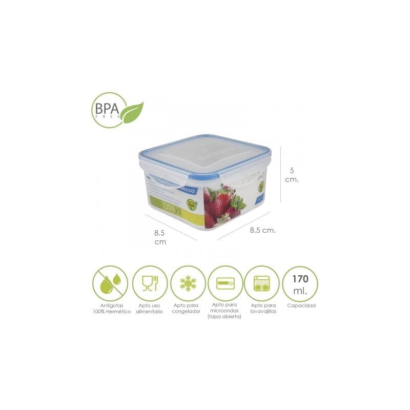

Recipiente hermetico plastico cuadrado 170 ml. 8.5x8.5x5 (alt.) cm.