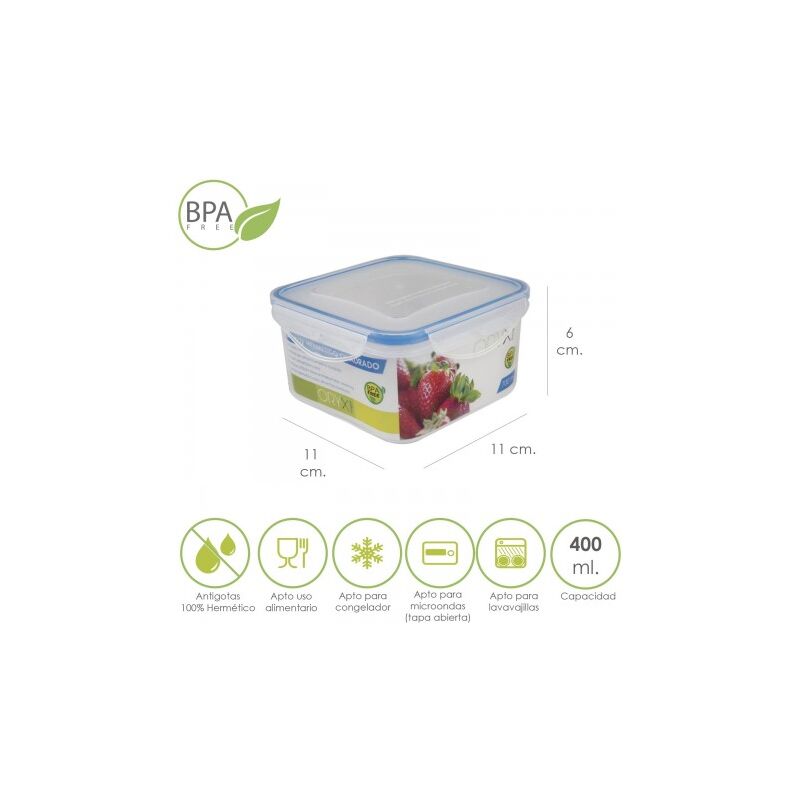 

Recipiente hermetico plastico cuadrado 400 ml. 11x11x6 (alt.) cm.