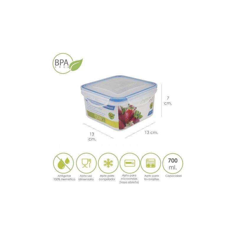 

Recipiente hermetico plastico cuadrado 700 ml. 13x13x7 (alt.) cm.