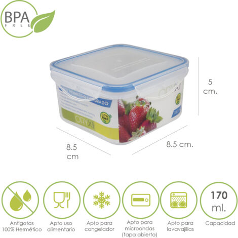 Recipiente Hermetico Plastico Cuadrado 170 ml. 8.5x8.5x5 (Alt.) cm.