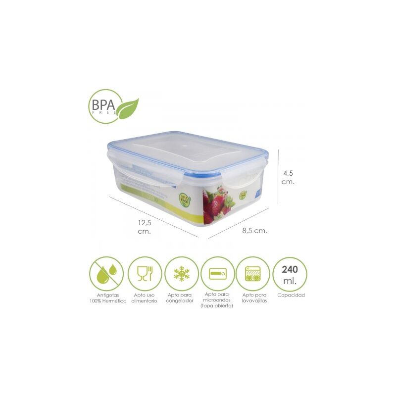 

Recipiente hermetico plastico rectangular 240 ml. 12.5x8.5x4.5 (alt.) cm.