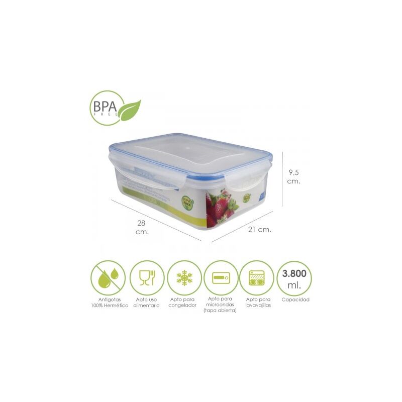 

Recipiente hermetico plastico rectangular 3.800 ml. 28x21x9.5 (alt.) cm.