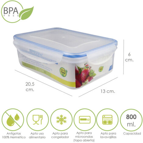 recipiente hermetico plastico rectangular 800 ml. 20.5x13x6 (alt.) cm.