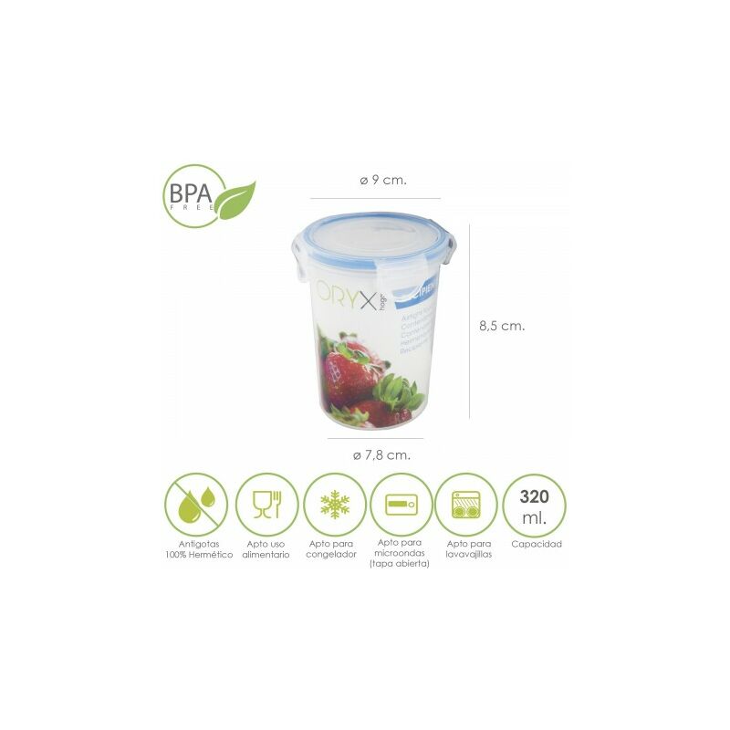 

Recipiente hermetico plastico redondo 320 ml. Ø 9.5x8.5 (alt.) cm.