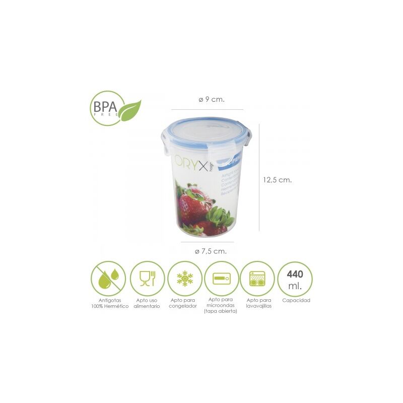 

Recipiente hermetico plastico redondo 440 ml. Ø 9.5x12.5 (alt.) cm.