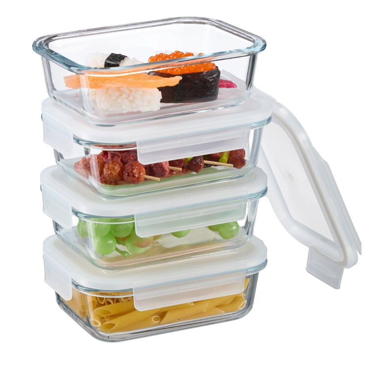 Boîtes alimentaires en verre, lot de 4, couvercle hermétique en plastique, 640 ml, récipients, transparents - Relaxdays