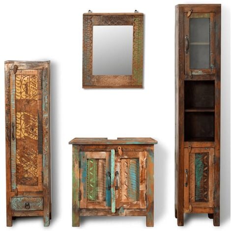 main image of "Reclaimed Solid Wood Vanity Cabinet Set with Mirror & 2 Side Cabinets - Multicolour"