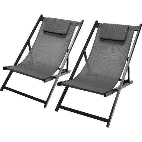 Recliner Sun Lounger Set of 2, Aluminum Garden Recliner Loungers Set, Outdoor Folding Reclining Lounger Chair with 6 Adjustable Position, Textilene Fabric, Removable Pillow (Grey)