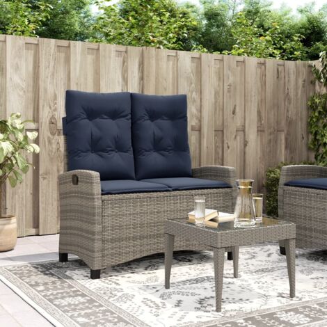 Reclining Garden Bench with Cushions Grey Poly Rattan vidaXL