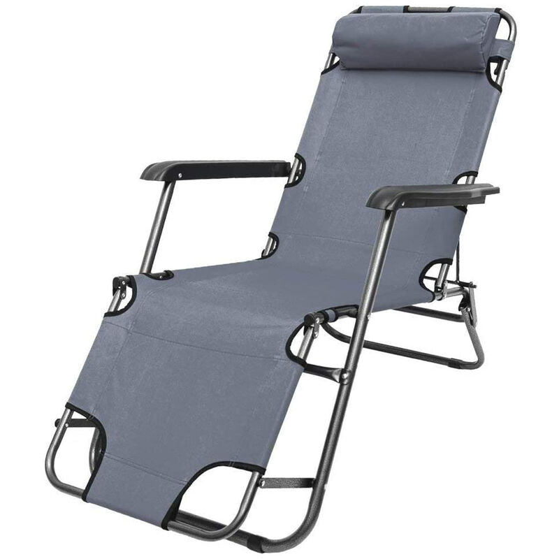 Reclining Sun Lounger, Adjustable Foldable Camping Lounge Chair with Pillow for Patio Garden Beach Pool (Grey)