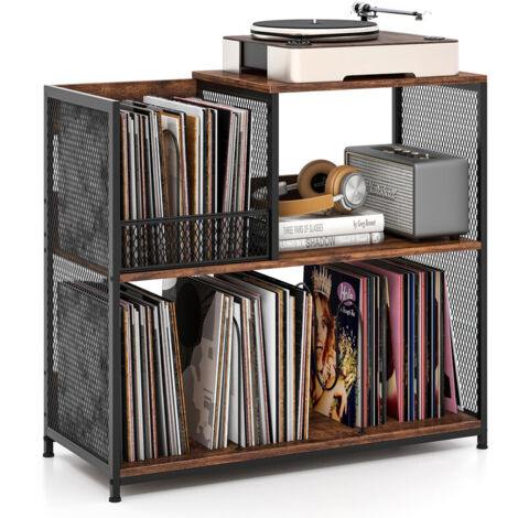 Record Player Stand, 3-Tier Turntable Stand End Side Table with Open Shelves and 3 Removable Dividers, Vintage Vinyl Record Storage Cabinet Holder for Living Room & Bedroom