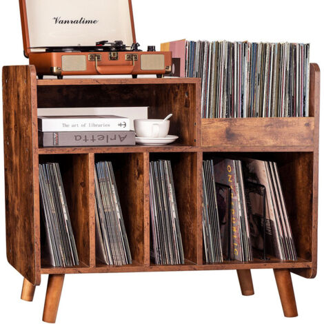 Record Player Stand, Large Turntable Table Cabinet with Open Vinyl Storage & Display Shelf, Holds Up to 350 Albums, Mid-Century Wooden Turntable Stand for Living Room & Bedroom