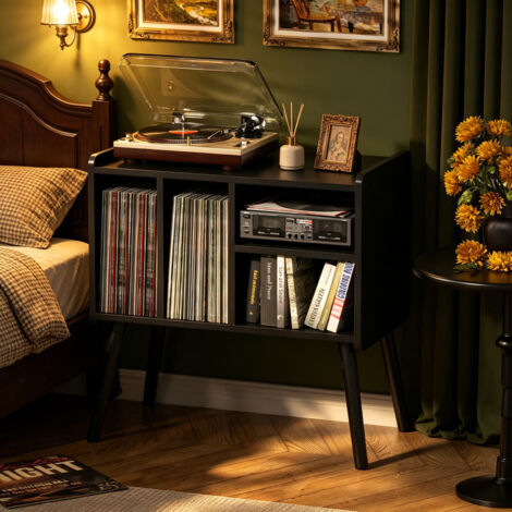 Record Player Table, Mid-Century Record Player Stand with Vinyl Storage Holds Up to 150+ Albums, Wooden Turntable Cabinet with Adjustable Shelves, Ideal for Living Room & Music Spaces