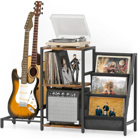Record Storage, Guitar Stand for Acoustic, Electric Guitar & Bass with Amp Stand, 3-Tier Record Player Stand Holds Up to 200 Albums, Record Table for Turntable, Speaker & Amplifier