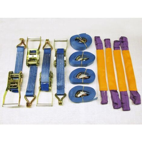 Recovery Ratchet Strap Set 50MM x 4M x4 (Round Slings Alloy Wheel Tie Down Trailer Kit)