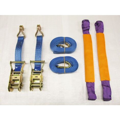 Recovery Ratchet Strap Set x2 (35MM x 4M Round Sling Alloy Wheel Tie Down Trailer Kit)