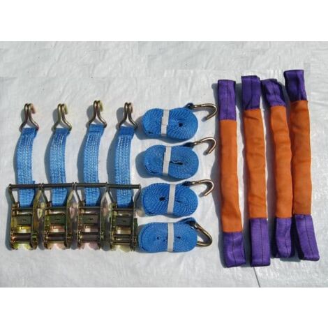 Recovery Ratchet Strap Set x4 (35MM x 4M Round Sling Alloy Wheel Tie Down Trailer Kit)