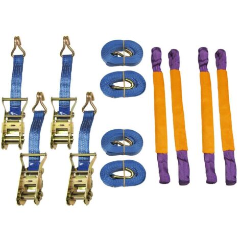 Recovery Ratchet Strap Set x4 (35MM x 6M Round Sling Alloy Wheel Tie Down Trailer Kit)