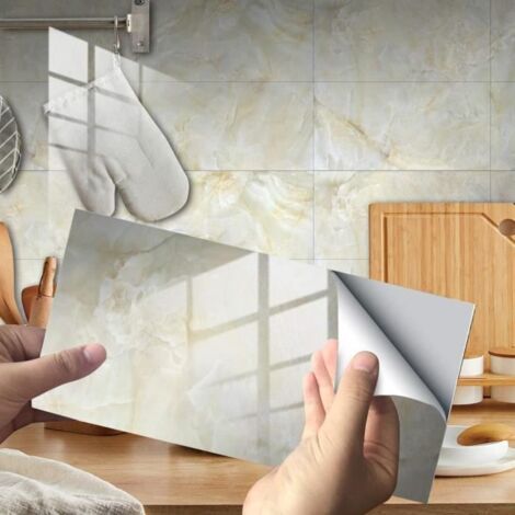 Rectangle Adhésive Décorative à Carreaux pour Salle de Bains et Cuisine Stickers Carrelage , 30x15cm (Beige , 16 Pièces)