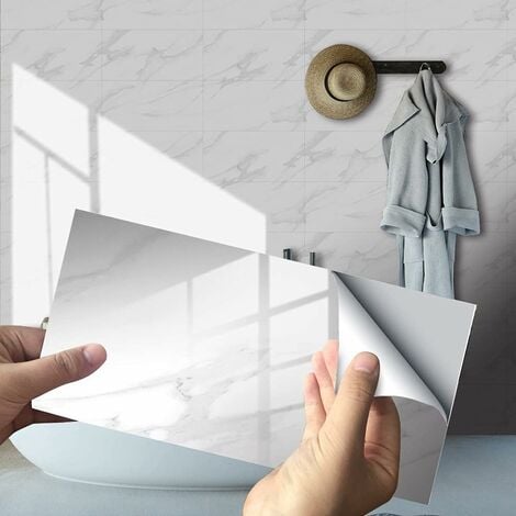 Rectangle Adhésive Décorative à Carreaux pour Salle de Bains et Cuisine Stickers Carrelage, Motif de Marbre 3D Mosaïque Imperméables Adhésive Décoration, 30x15cm (Blanc,16Pièces) ，Oi-FRIS