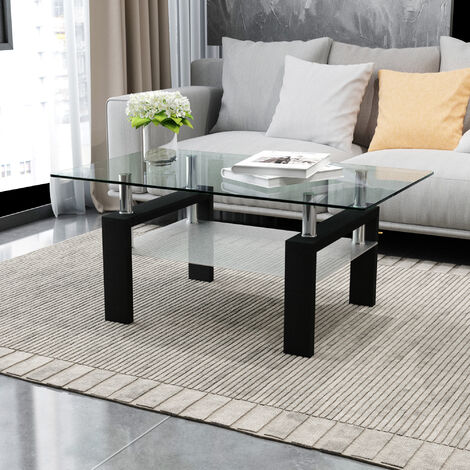 Rectangle Black Glass Coffee Table, Modern Side Center Tables for Living Room, Living Room Furniture