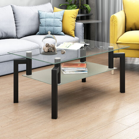 Rectangle Black Glass Coffee Table Modern Side Center Tables Living Room Furniture