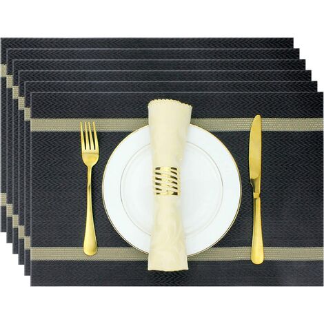Rectangle Placemats for Dining Table Set of 6 Woven Table Mats Wipeable Stripes Vinyl Place Mats for Kitchen Hotel Business Holiday Dining Table (Stripes, Black)