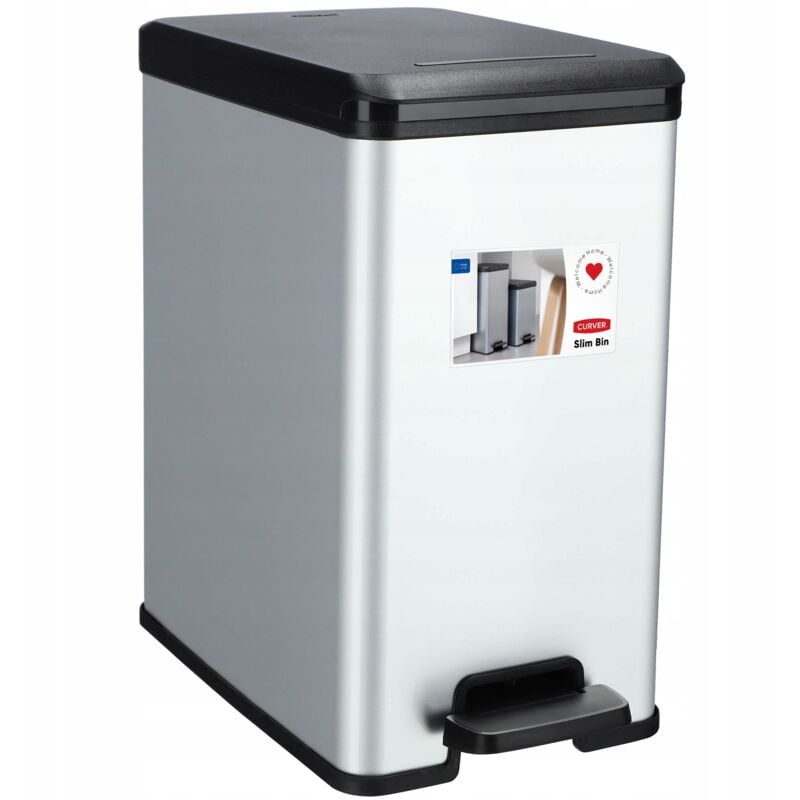 Curver - Slim Bin - Poubelle rectangulaire à pédale 25L - Fermeture Douce - Aspect Métal - Pour Cuisine, Bureau, Salle de Bain -39,3x25x45,4 cm - Gris