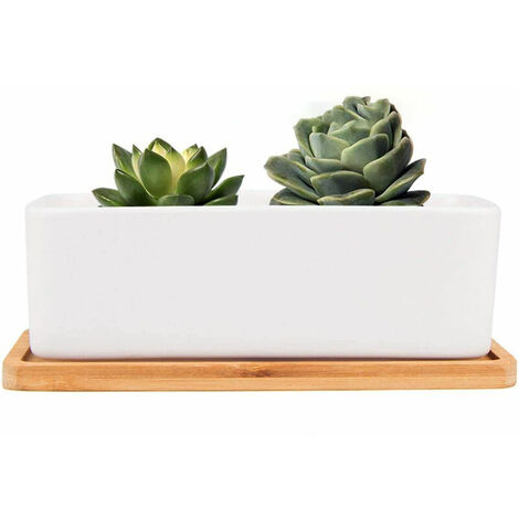 Rectangular Ceramic Flower Pots Set of 1 White Ceramic Succulent Plant Pots with Bamboo Tray, with Drain Hole, for Home or Office Decoration